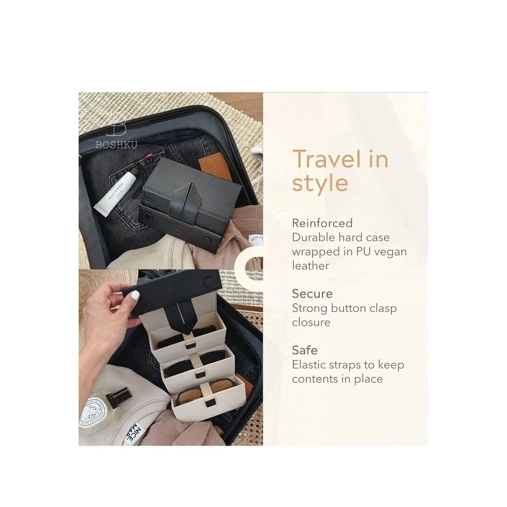 Boshku 3 Slot Sunglasses Travel Case Organizer Black Vegan Leather Hanging Case